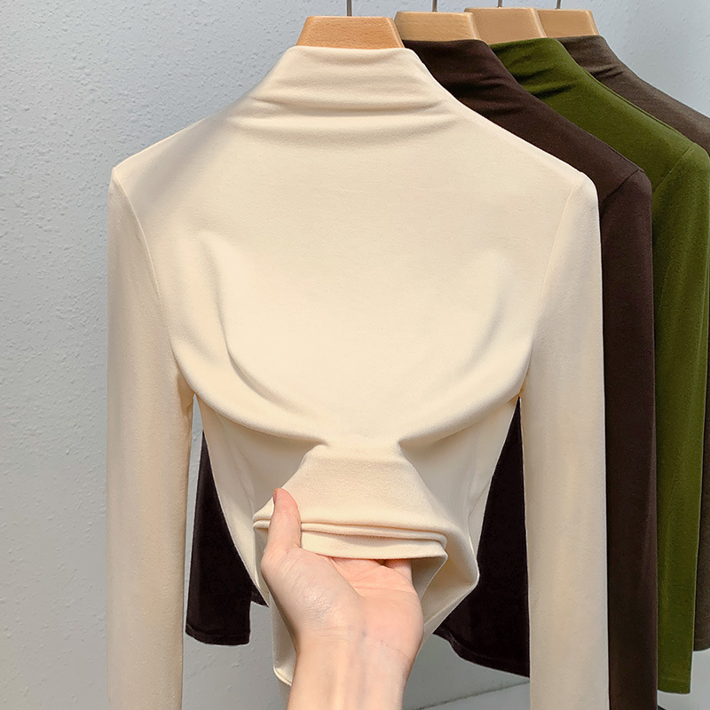 Mujeres medio cuello alto terciopelo camisa de fondo 2023 nuevas mujeres aminoácidos piel inferior ropa interior caliente desgaste recibido superior