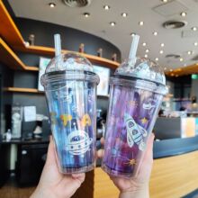 欧美ins太空宇航员星球杯双层网红塑料吸管杯大容量500ml果汁奶茶