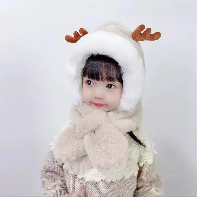儿童帽子围巾一体毛绒加厚保暖护耳帽可爱鹿角男女孩防风超萌百搭|undefined