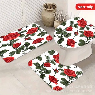 Temu Amazon Red Rose Printed Bathroom Toilet Three-Piece Set Soft Non-Slip Bathroom Floor Mat Toilet Seat Cushion