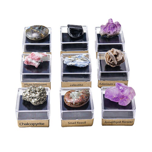 Natural crystal raw stone ore specimen set box crystal mineral crystal fossil children's popular science teaching gift ornaments