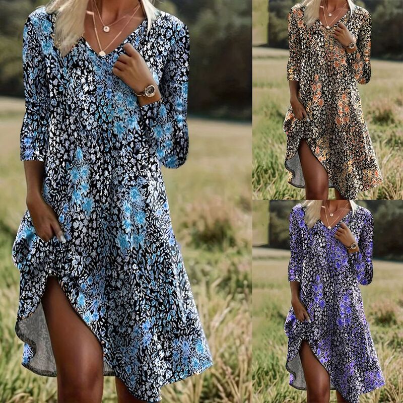 Cross-Border Women's Floral Print Loose Dress V Neck Long Sleeve Holiday Style Is Suitable for Going Out and Playing