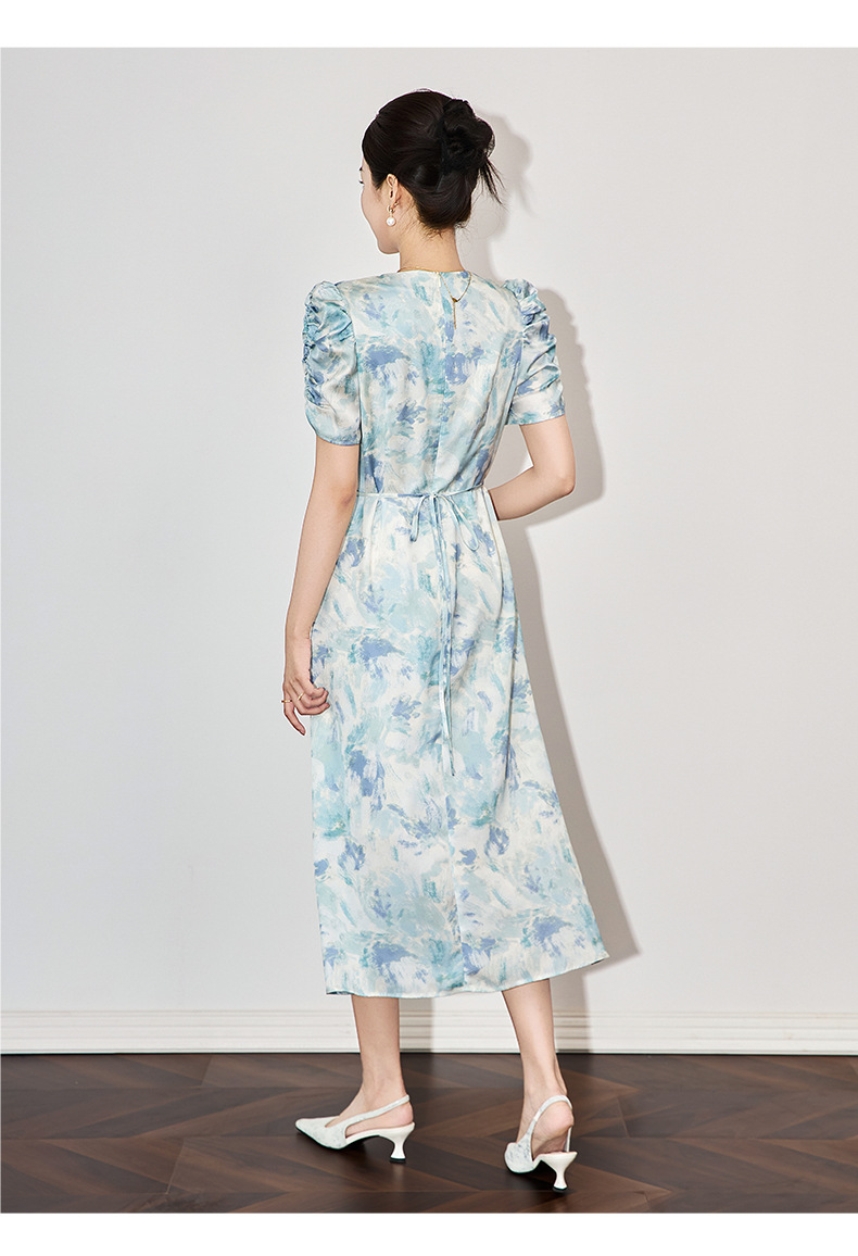 Đầm maxi nữ thắt eo chất liệu jacquard in họa tiết cao cấp — Màu xanh lam chi tiết 9