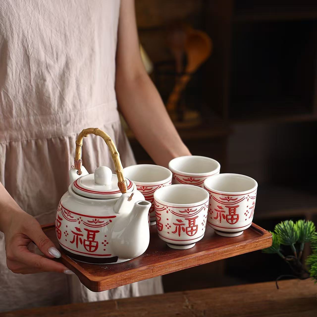 Chinese-Style Ceramic Teapot with Underglaze Color, Handle, and the Character for "Fu"; Festive Cold Water Pitcher Set; Practical Housewarming Gift