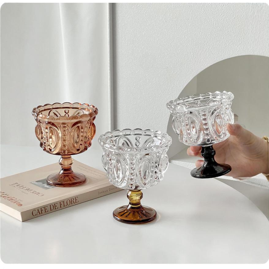 Retro en relieve marrón tazas de vidrio de patas altas tazas de helado tazas de yogur tazas de postre tazas de café creativas medieval al por mayor