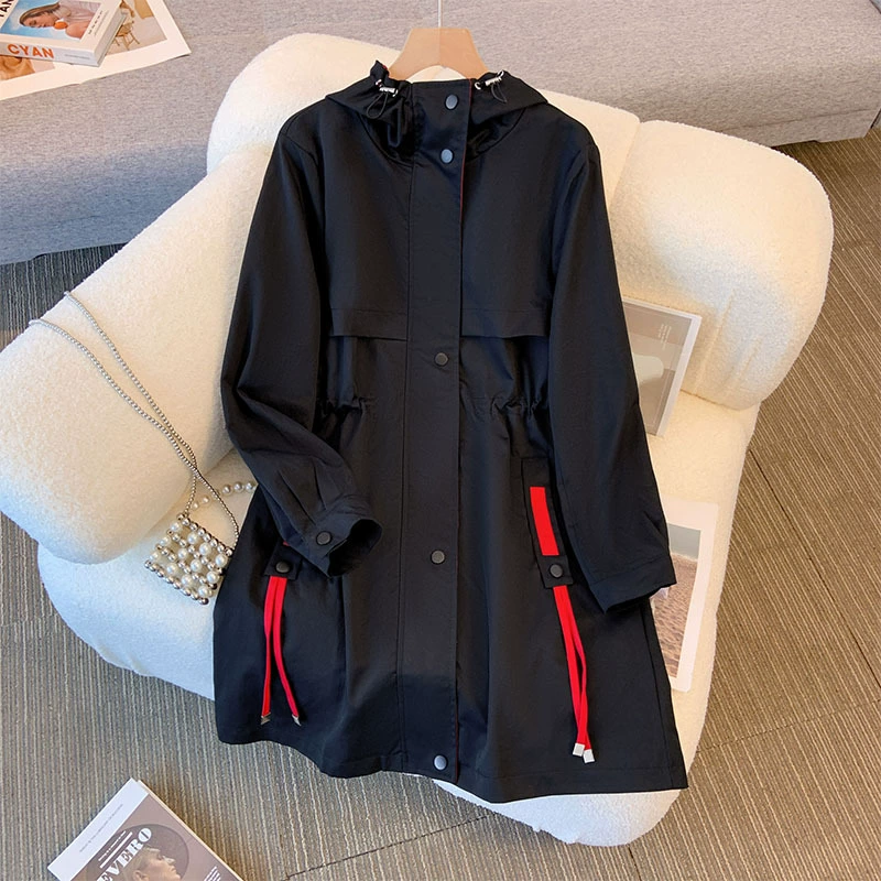 Очень большой демисезонный trench coat, модная куртка с капюшоном, slim fit, для полных женщин
