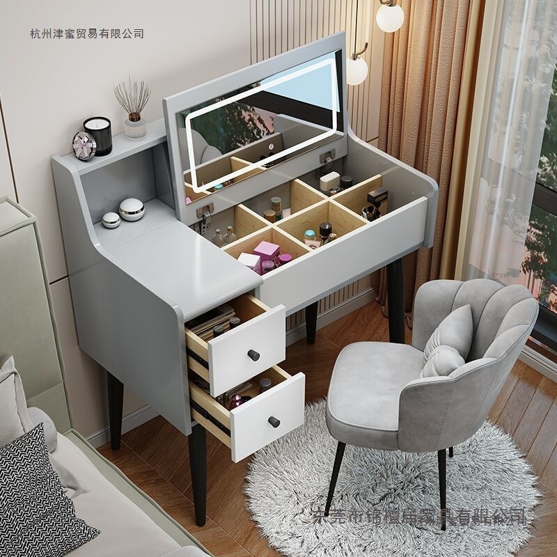 Dressing table for bedroom, simple modern mirror with hidden flip-top design, integrated desk with lights and storage cabinet, makeup table