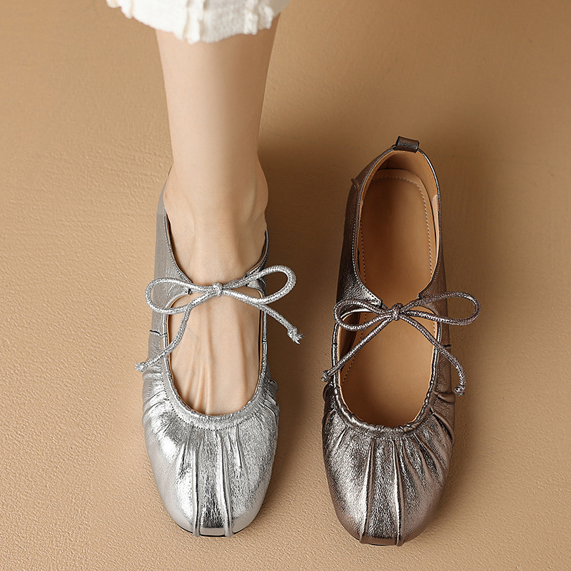 Giày ballet nữ da cừu mềm mũi tròn đế bệt xếp ly nơ buộc dây — Màu súng
