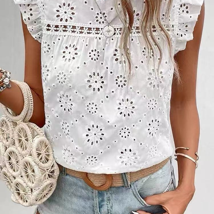 2025 European and American Cross-Border Women's Clothing Amazon Spring and Summer New Style Hollow Embroidery Round Neck Lace Sleeveless Shirt Top