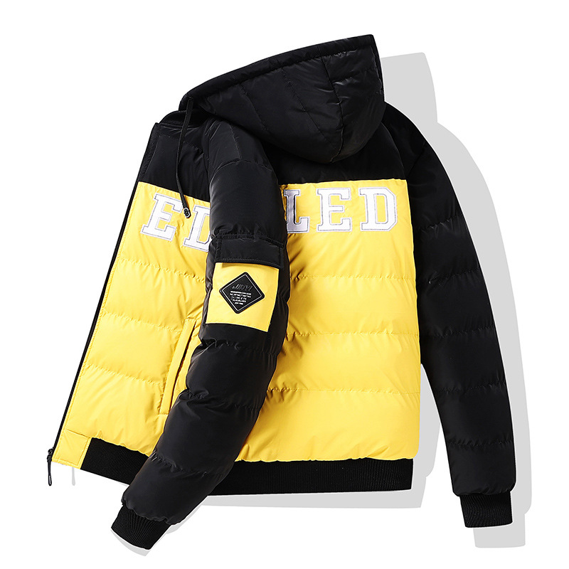 Wattierte Herrenjacke mit Stickerei, Daunenfüllung, dicker Baumwolle, kontrastfarbenem Futter, lockerer, abnehmbarer Mütze und doppelseitiger Kapuze_voghion.com