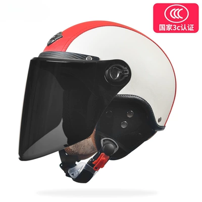3C certification men's retro half — Motosiklet dəbilqələri - one-size-fits-all-leather-red-disassembled-ear-protection-class-a-hd-long-mirror-black-tea-long-mirror