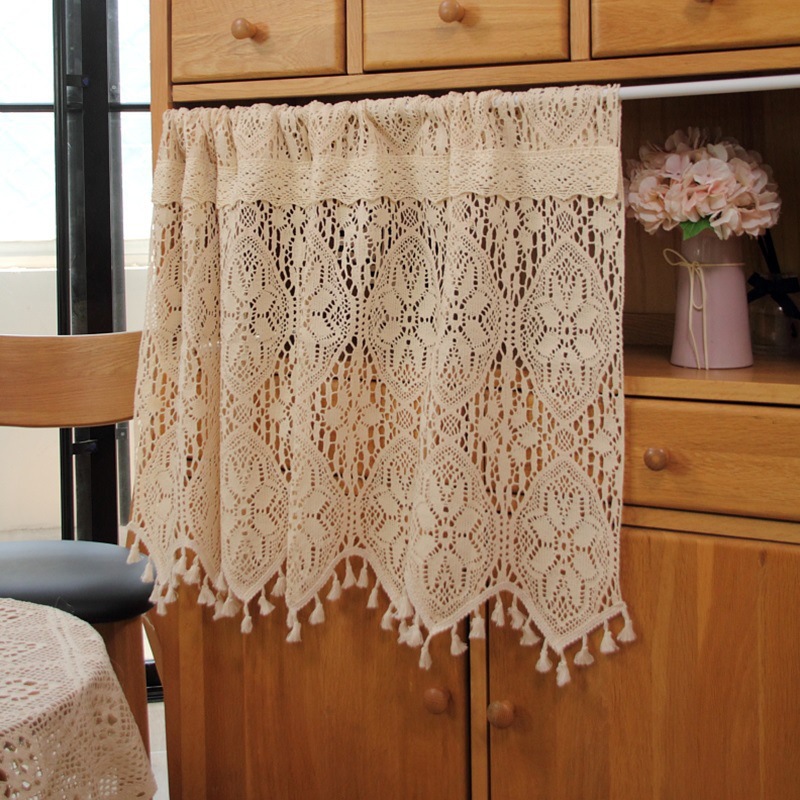 American Country Retro Pastoral Crochet Coffee Curtain Fabric Small Curtain Kitchen Curtain Half Curtain Cabinet Curtain Light-Transmitting Curtain