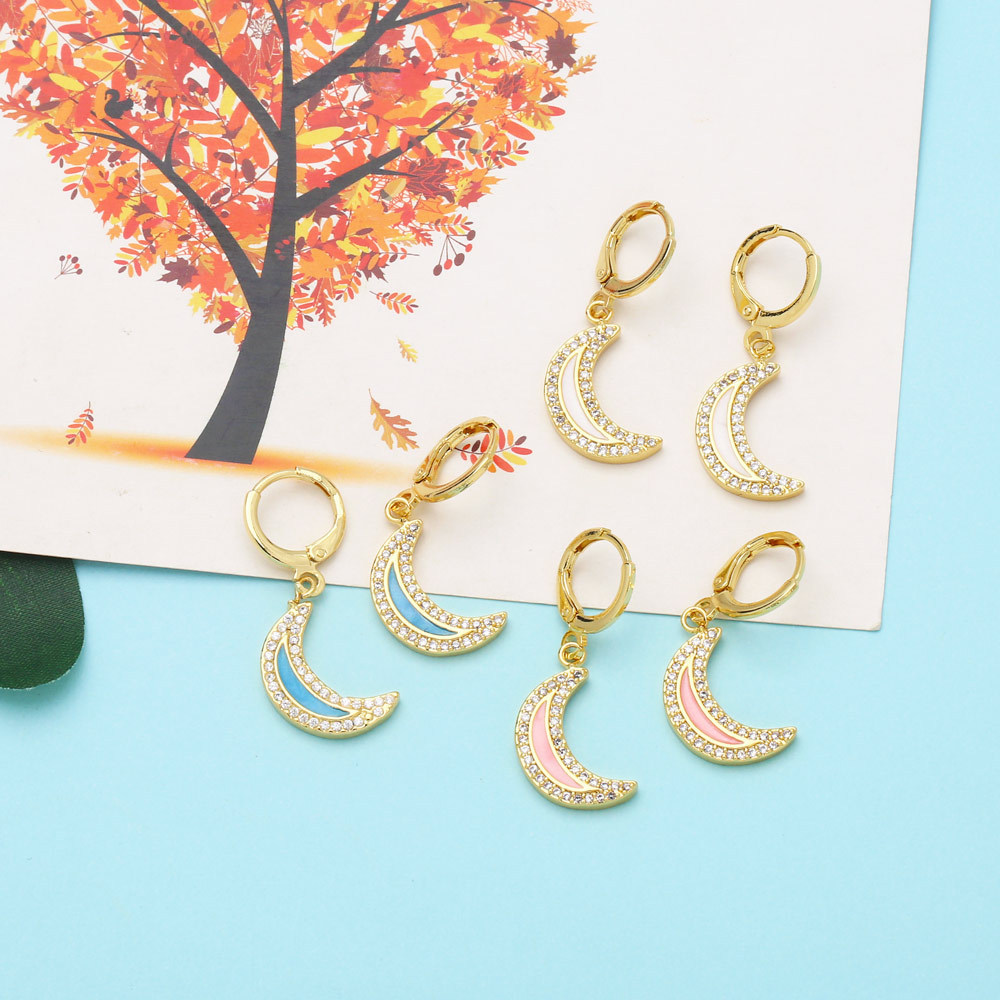 Fashion Moon Copper Inlay Zircon Drop Earrings 1 Pair