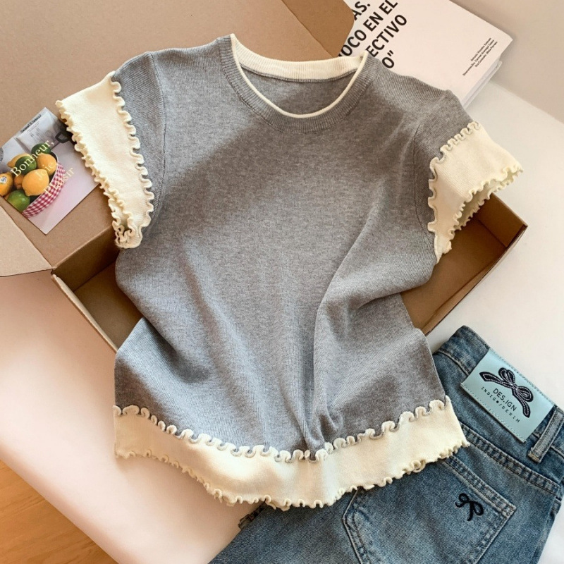 French Sweet Style Color-Blocking Short-Sleeve Knit Top for Women, Summer 2026 New Loose-Fitting Youthful Two-Piece Top French Sweet Style Color-Blocking Short-Sleeve Knit Top for Women, Summer 2026 New Loose-Fitting Youthful Two-Piece Top