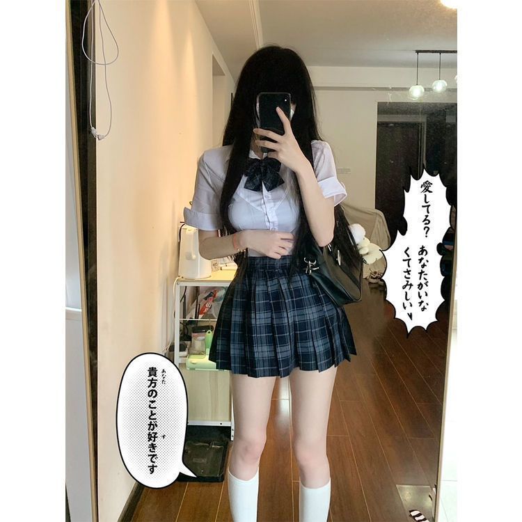 JK 유니폼 학생 플러스 사이즈 타이트한 슬림 셔츠 탄성 허리 슬림 셔츠 높은 허리 치마 짧은 치마 세트