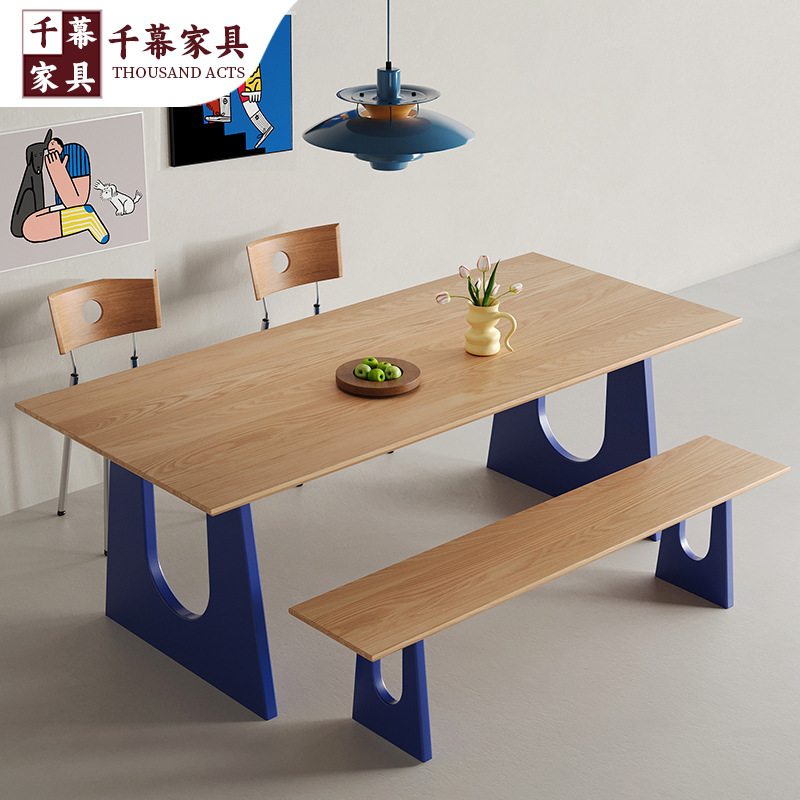 Qianmu Bauhaus Solid Wood Dining Table Designer Memphis Desk Home Small Apartment Colorful Log Long Table Qianmu Bauhaus Solid Wood Dining Table Designer Memphis Desk Home Small Apartment Colorful Log Long Table