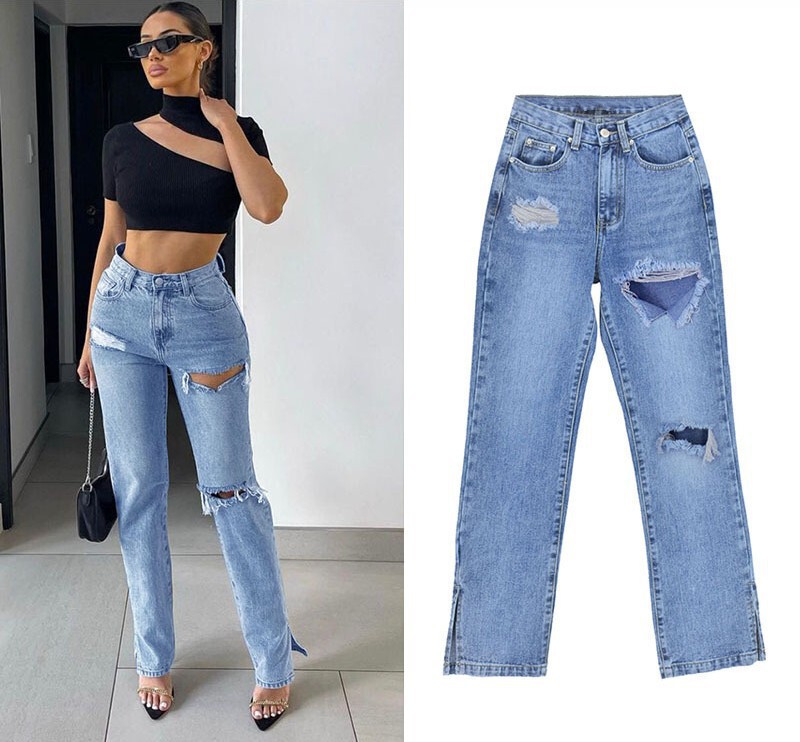 European and American Women's Wear High Waist Tall Slim Straight Denim Pants Floor Trousers with Ripped Foot Opening and Split Dosing Micro-flared Pants