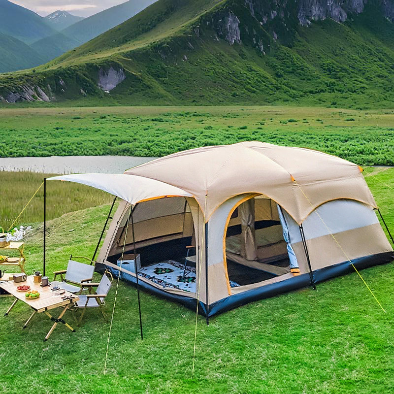 Outdoor Tent with Two Rooms and One Living Room, Thickened Vinyl Sun Protection and Rain Protection Overnight, Large Space Ridge Canopy for Outdoor Camping