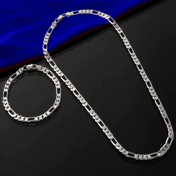 Jinrongxing Cross-Border Hot-Selling Silver-Plated Jewelry 4mm Three-To-One Chain Necklace and Bracelet Fashion Two-Piece Set