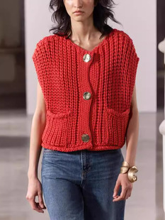 Amazon sweater top European and American coarse needle V -neck sleeveless vest, fashion temperament short casual sweater