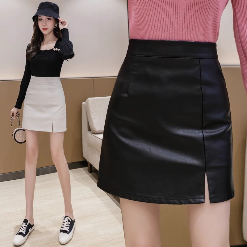 Leather skirt Women's Spring and Autumn 2023 new apricot small high waist PU leather A- line hip split skirt