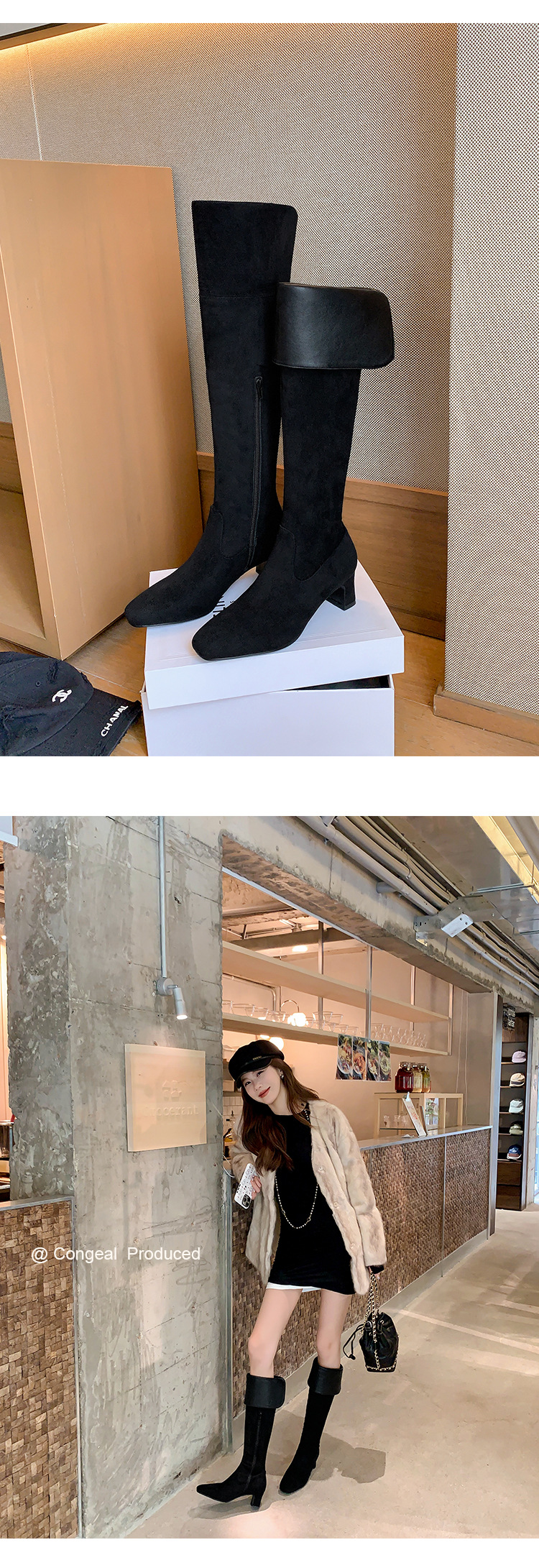 Boot nữ cổ cao quá gối mũi vuông gót thô 5 cm phong cách Hàn Quốc, có thể gập ống — Lớp lót nhung ống nhỏ màu đen 5cm chi tiết 26