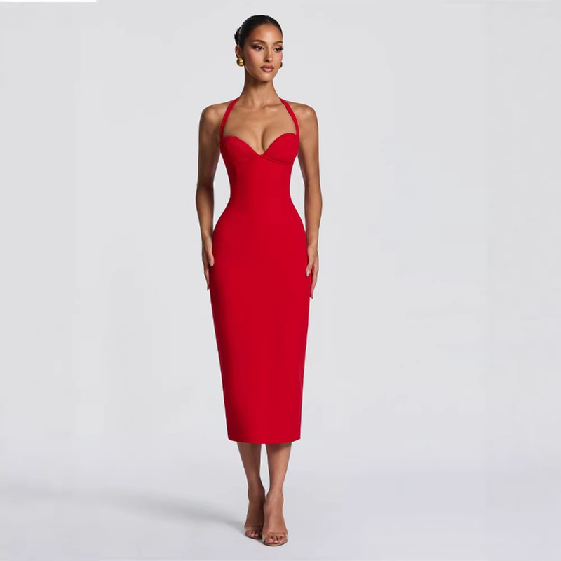 2026 Summer New Cross-Border Hot-Selling Sexy Lace Patchwork Halter Neck Long Dress with Back Tie for Women