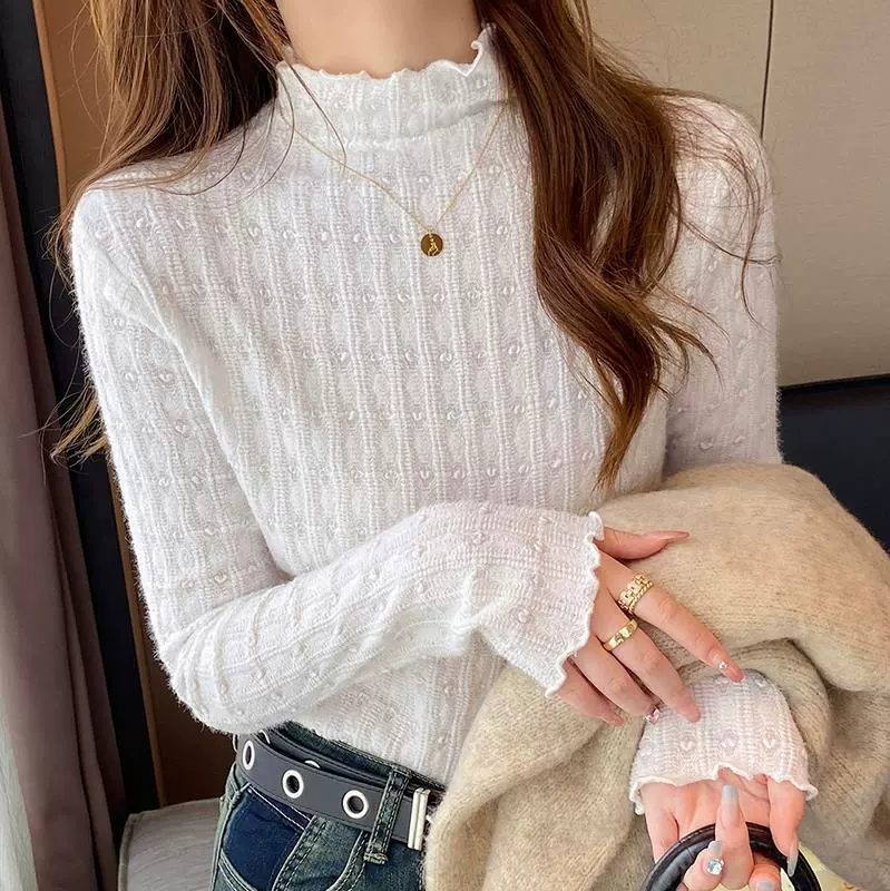 新款高领加厚磨毛蕾丝内搭高级感小衫女秋冬新款洋气保暖打底衫女
