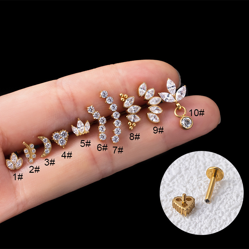 1.2X8MM内牙唇钉杆耳骨钉G23/F136钛镶锆石皇冠月亮弧形软骨耳钉