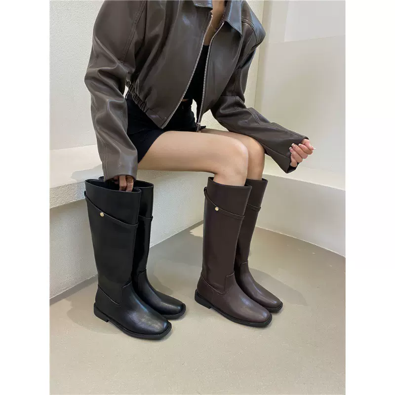 韩国东大门高筒长靴女靴子秋冬新款大筒围复古小金扣不过膝骑士靴
