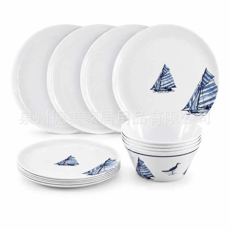 Summer Ocean Sailing Melamine Plate and Bowl Set 12-Piece Custom-Made Melamine Camping Tableware Set