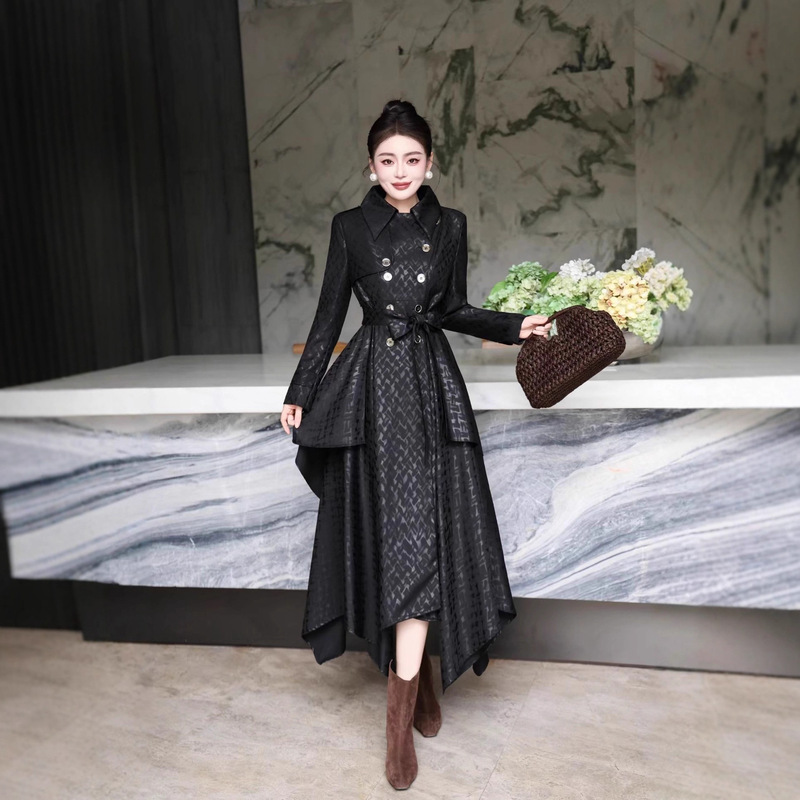 2025 New Autumn and Winter Brown Embossed Windbreaker Women's Waist-Tie Asymmetrical Long Knee-Length Commuter Jacket