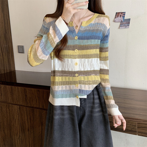 Autumn new style striped fashion all-match foreign style age-reducing dopamine wear long-sleeved knitted cardigan top for women