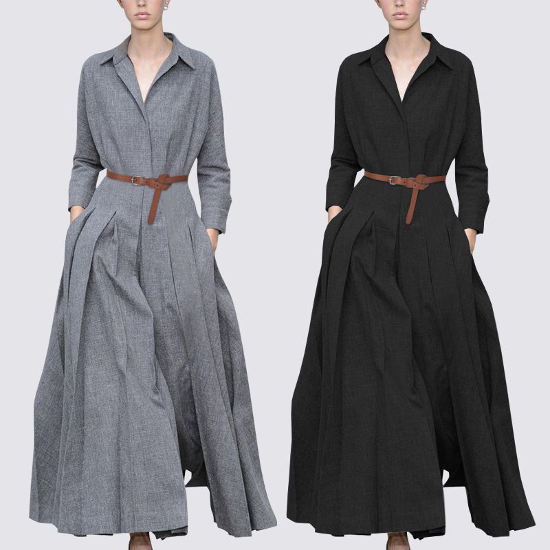 Long Shirt Dress for Women European and American Spring & Fall Long Pleated Skirt Fashionable Waist-To-Ankle Dress