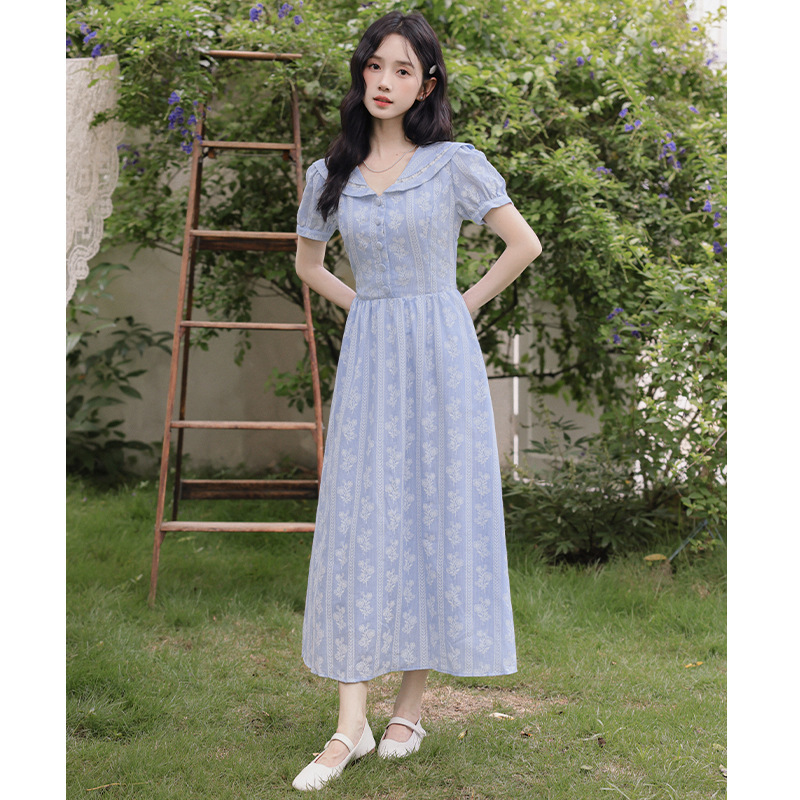 Super Beautiful and Attractive Navy Collar Blue Embroidered Dress for Female Students, Sweet and Fresh Style, Waist-Cinching Long Dress Super Beautiful and Attractive Navy Collar Blue Embroidered Dress for Female Students, Sweet and Fresh Style, Waist-Cinching Long Dress