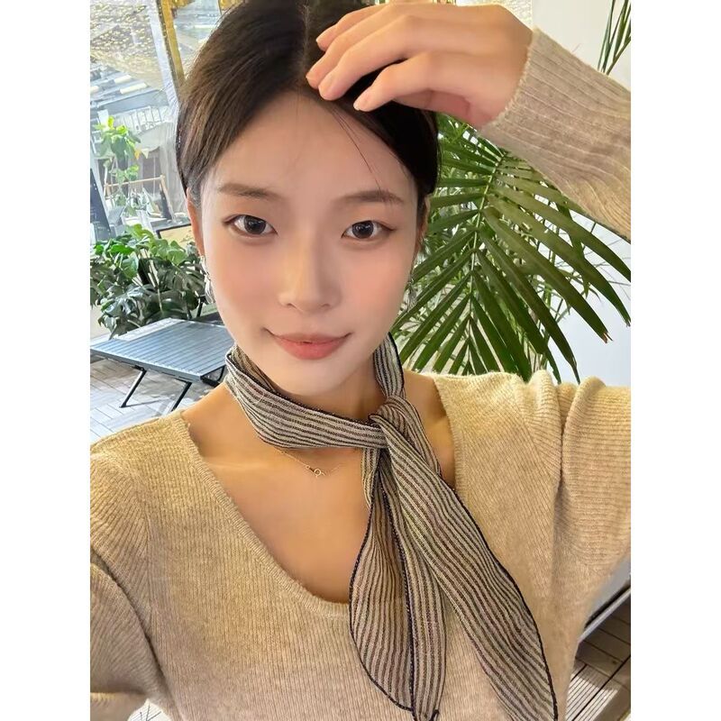 出口日韩细条纹窄小透气文艺丝巾女春秋季百搭装饰护颈小领巾发带|undefined