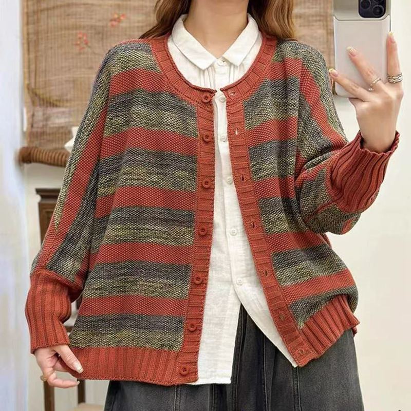 条纹毛衣女 2025秋季新款松弛感圆领单排扣棉线针织外套开衫上衣|undefined