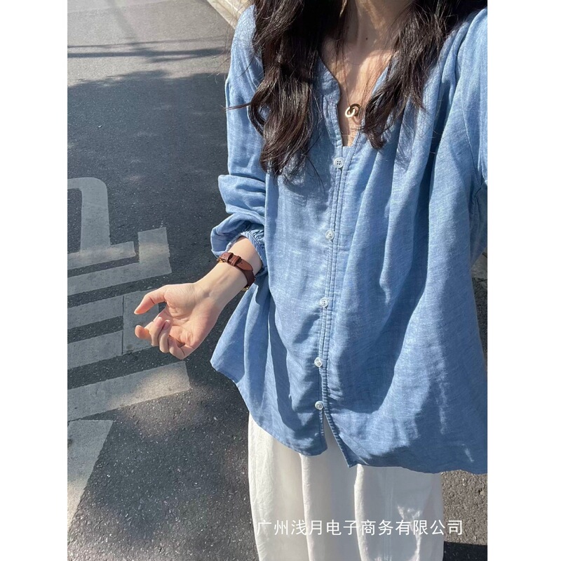 Light Klein Blue Linen-Cotton Shirt for Women, a Relaxed and Sophisticated Style Paired with Wide-Leg Pants