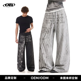 OREETA豹纹字母印花运动卫裤男女款美式潮牌街头嘻哈风阔腿休闲裤
