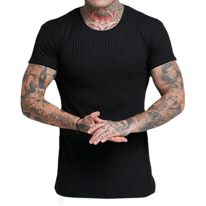 Мужская летняя спортивная футболка с коротким рукавом и круглым вырезом, эластичная, с вертикальными полосками, для фитнеса и повседневной носки, в европейском и американском стиле, для международной торговли.