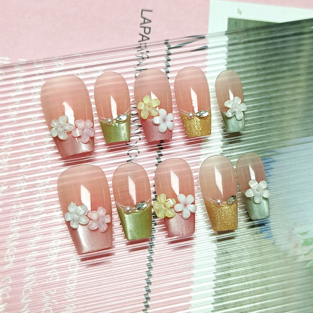 Juego de 10 piezas de decoración floral para uñas, uñas postizas hechas a mano de alta gama, pegatinas de uñas 3D con efecto ojo de gato y diamantes de imitación, tendencia en TikTok.