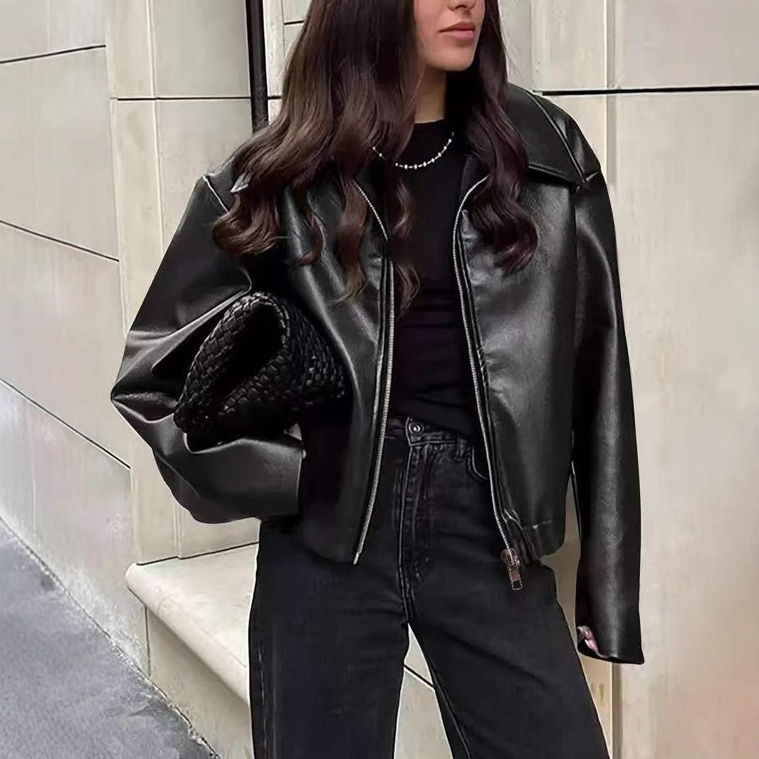 2025 Early Autumn New Loose Motorcycle Leather Jacket Women's Short Lapel Zipper Leather Jacket