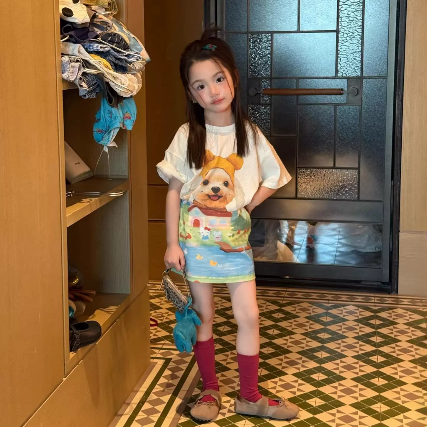 韩国童装26夏女童套装织里儿童宽版狗狗短袖t恤中大童涂鸦半身裙