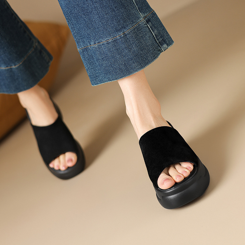Sandal cao gót nữ đế dày 8,5 cm quai ngang da bò — Da bò trắng gạo chi tiết 19