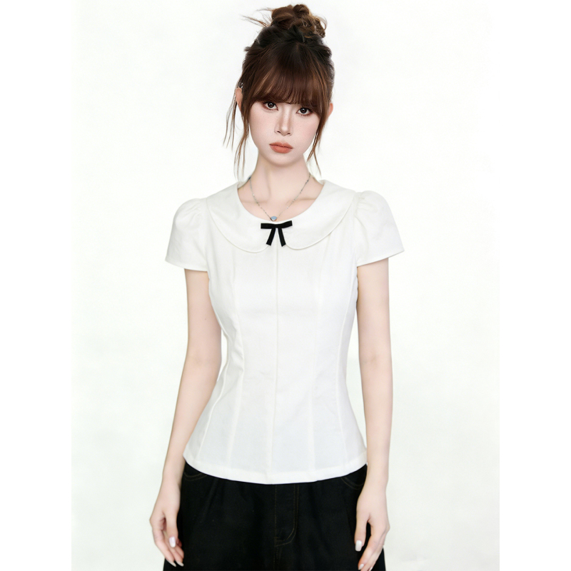 Jiyou Sweet and Spicy Girl Bowknot Doll Collar Short Sleeve T-Shirt for Women 2026 Summer New Style Waist-Cinching Slimming High-End Top