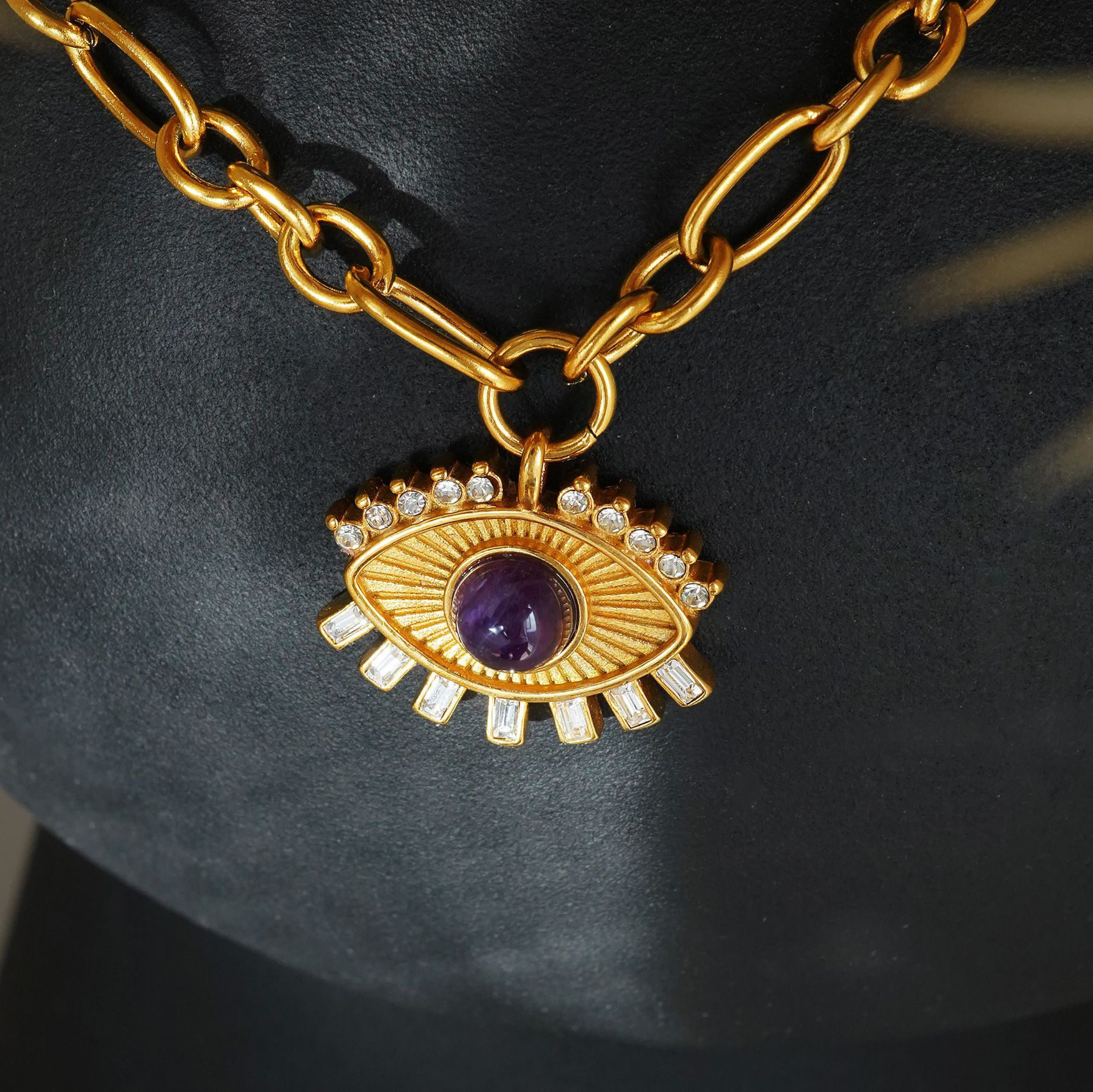304 Stainless Steel, Titanium Steel Pendant Material Zircon Inlay Material Wholesale Jewelry IG Style Retro Devil's Eye Titanium Steel Zircon 18K Gold Plated Hollow Out Inlay Pendant Necklace