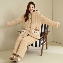 冬季睡衣女士三层夹棉加厚连帽带帽卡通法兰绒保暖家居服女套装