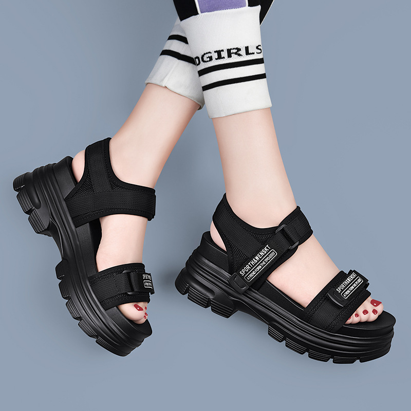 Giày sandal thể thao da thật đế dày nữ gót 4cm quai chữ V khóa dán — JST 1609 cao gót xanh đen 4cm, Đen trắng 2001 LJ, JST 1611 cao gót xanh đen 4cm, 2206 ML màu đen