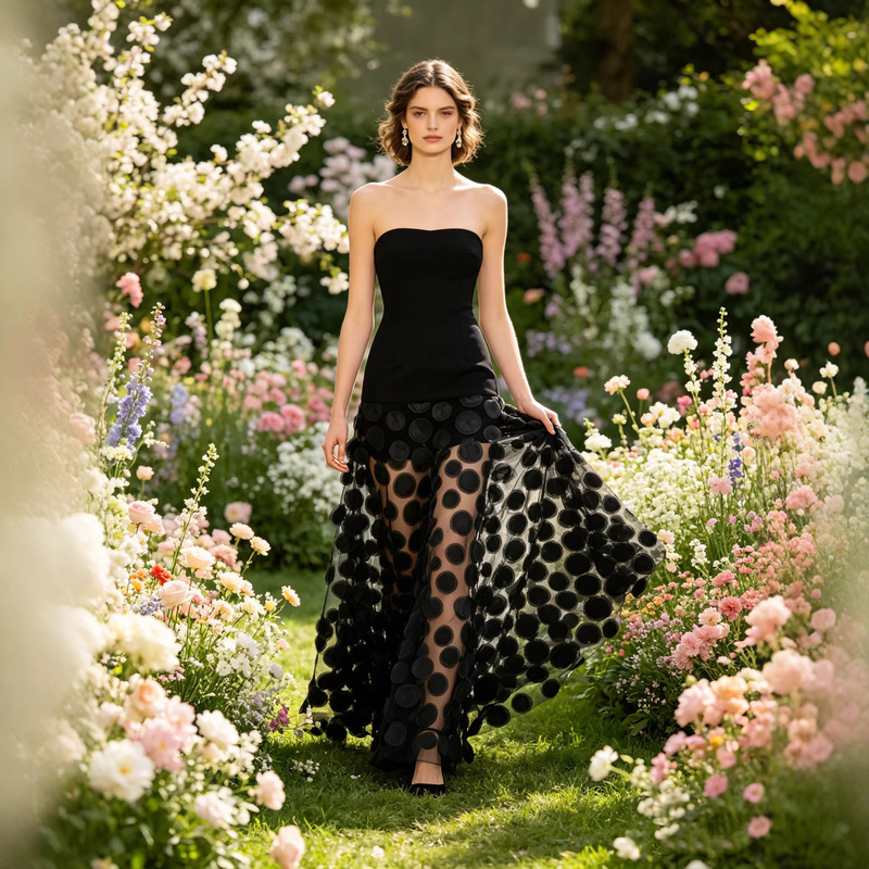 European and American Teg Tok Popular Tube Top Dress Stereo Polka Dot Splicing Fluffy Pure Color Cross-Border Dress Wholesale