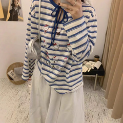 秋季新款韩版休闲时尚减龄可爱卡通图案宽松系带长袖T恤衫女1145